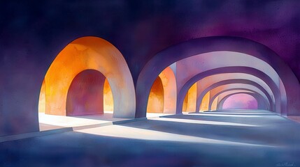 Poster - Vibrant Architectural Arches with Warm Lighting and Abstract Shadows Capturing the Beauty of an Imaginative Space in Watercolor Style