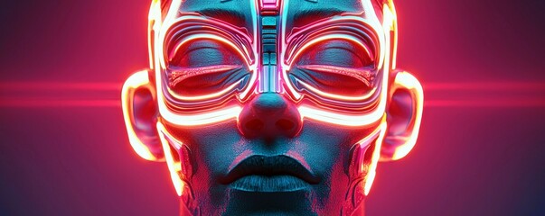 Poster - Futuristic Portrait of a Cyborg with Neon Accents and Glowing Elements in a Dark Atmosphere, Exploring Human-Technology Fusion and Digital Aesthetics