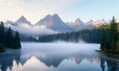 Poster - Serene Mountain Landscape with Majestic Pines and Misty Lake Reflection at Sunrise : Generative AI