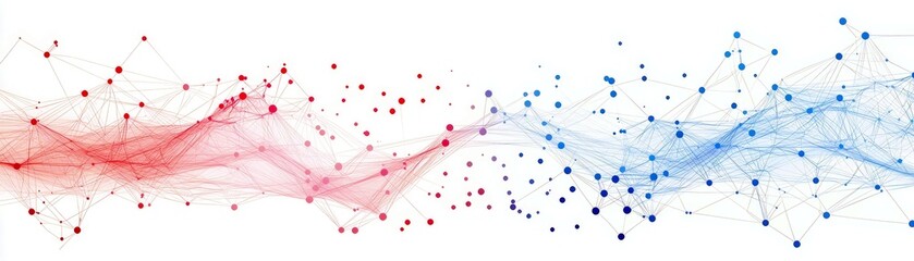 Poster - Abstract representation of a digital connection network, showcasing a dynamic flow of colorful nodes and lines that merge into a captivating gradient of red and blue hues.