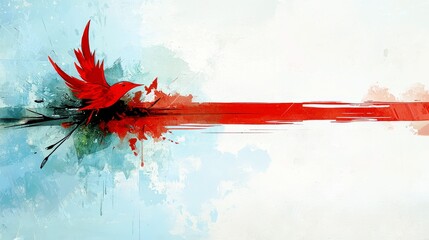 Poster - Vibrant Red Bird Emerging from Colorful Brushstrokes on a Soft Background, Symbolizing Freedom and Creativity in Modern Artistic Expression