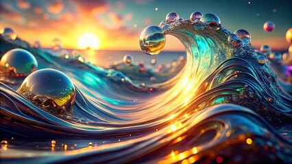 Poster - A Stunning Aerial View of a 3D Rendered Water Wave with a Sparkling Opal-like Effect, Capturing the Beauty of Nature's Fluid Dynamics in Crystal Clear Detail