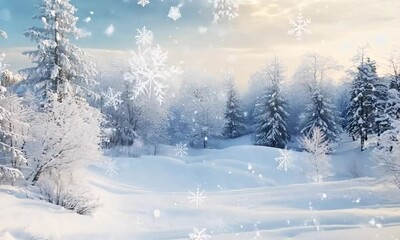 Poster - Enchanting Winter Wonderland With Snowfall Amidst Tranquil Evergreen Forest : Generative AI