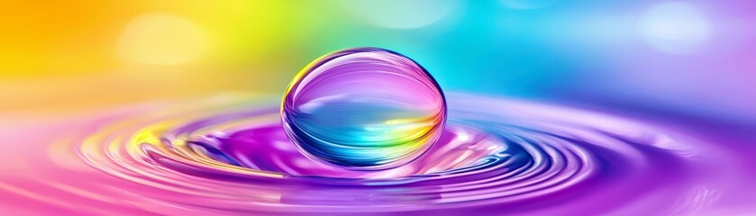 Poster - Close-up View of Vibrant Soap Bubble on Colorful Surface with Ripples, Showcasing the Beauty of Water Reflections and Light Interactions in an Abstract Context