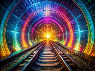 Poster - A Surreal Tunnel Experience with Illuminated Tracks Leading to a Bright Light, Capturing Motion and Depth in a Vibrant Atmosphere