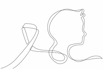 Poster - Continuous one line drawing the silhouette of a face formed by ribbon. Idea of unity and collective strength. Campaign. International Childhood Cancer Day. Single line draw design vector illustration