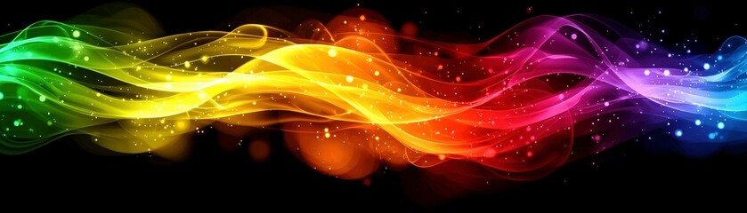 Poster - Colorful abstract wave background with vibrant rainbow hues and luminous particles, perfect for modern design projects and artistic presentations showcasing creativity and energy.