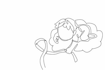 Poster - Continuous one line drawing a boy sleeping face down on cloud hold ribbon. Dreams and aspirations. Hope and support. International Childhood Cancer Day. Single line draw design vector illustration