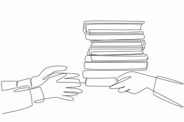 Poster - single one line drawing two hands, one passing a stack of books to other. transfer of knowledge. sym