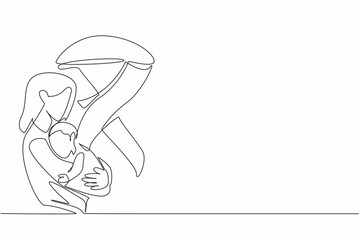 Poster - Single continuous line drawing a mother holding a baby. Sense of protection and nurturing. Guardian mother. Protective. Caring. International Childhood Cancer Day. One line design vector illustration