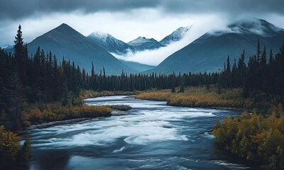 Poster - Serene river flowing through misty mountains and dense evergreen forest landscape : Generative AI