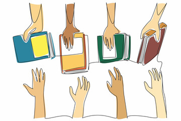 Poster - Single continuous line drawing multiple hands holding books. Shared learning experience. Expanding thinking horizons. Discussion. International Book Giving Day. One line design vector illustration