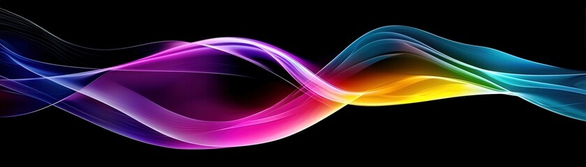 Poster - Colorful Abstract Waves on a Black Background Illustrating Vibrant Flowing Dynamics and Fluid Motion in Modern Design and Artistic Expressions