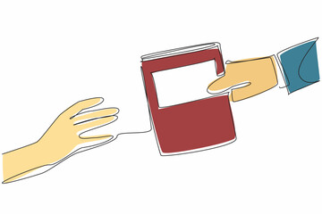 Poster - Single continuous line drawing a hand extends to receive book from another hand. Gift. A loan. Exchange. Sharing. Transfer knowledge. International Book Giving Day. One line design vector illustration