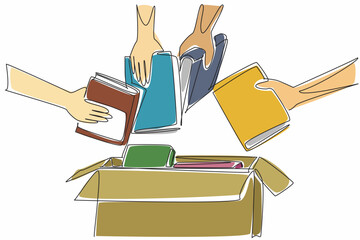 Poster - Single one line drawing four hands holding the books and will put them in a box. Competing to hand over books. Good deeds. International Book Giving Day. Continuous line design graphic illustration