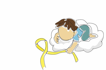 Poster - Continuous one line drawing a boy sleeping face down on cloud hold ribbon. Dreams and aspirations. Hope and support. International Childhood Cancer Day. Single line draw design vector illustration