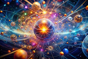 Poster - Awe-Inspiring Gigantic System of Rotating Subatomic Particles in a High Depth of Field, Showcasing Intricate Details and Vibrant Colors of Quantum Physics in Motion