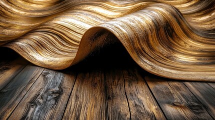 Poster - Elegant Flowing Golden Fabric with Smooth Curves and Rich Texture Draped Over a Rustic Wooden Surface, Capturing the Essence of Luxury and Warmth in Design