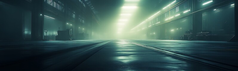 Poster - A dimly lit industrial space with reflections on wet surfaces, showcasing a mysterious environment illuminated by distant lights.