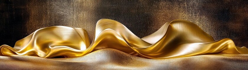 Poster - Elegant Flowing Golden Silk Fabric Draped on a Textured Background Creating a Luxurious and Opulent Visual Experience for Design and Art Purposes