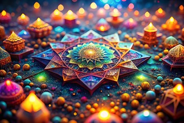 Poster - Bokeh-Enhanced Vibrant Digital Fractal Landscape with Intricate Geometric Patterns and Luminous Colors for Abstract Art and Modern Design Inspiration