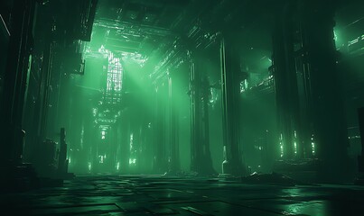 Poster - A mysterious, green-lit cavern with towering pillars and rays of light piercing through, creating an ethereal atmosphere.