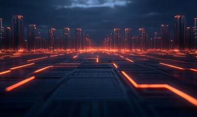 Poster - A futuristic landscape featuring glowing orange circuits against a dark sky, evoking themes of technology and digital connectivity.