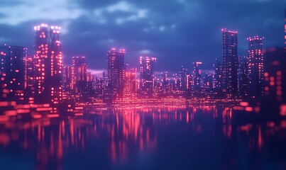 Poster - A vibrant cityscape at dusk, featuring glowing lights reflecting on water, creating a futuristic and atmospheric scene.