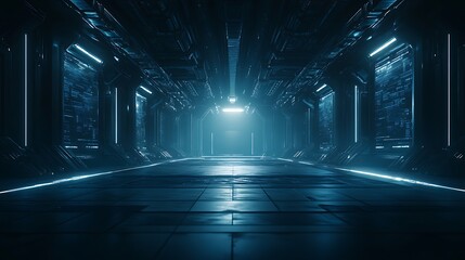 Poster - A dimly lit futuristic corridor with glowing blue lights and metallic surfaces, creating a high-tech ambiance.