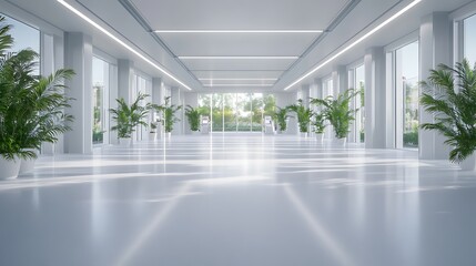Aufkleber - A bright, modern interior space featuring large windows and lush greenery, creating a fresh and inviting atmosphere.