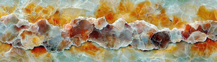 Poster - Stunning Close-Up of Multicolored Onyx Stone with Unique Patterns and Textures, Displaying Layers of Orange, Brown, and Cream Tones Against a Soft Background