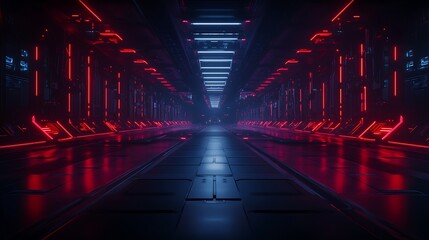 Poster - A futuristic corridor illuminated by red and blue lights, creating a sci-fi atmosphere with sleek, metallic surfaces.