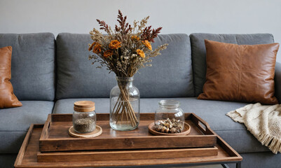 Wall Mural - A gray sofa with a brown leather pillow and dried flowers in a glass vase sits in front of a wooden coffee table with decorative jars