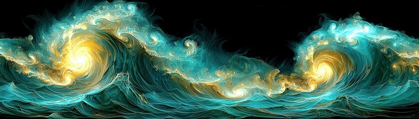 Poster - Vibrant Abstract Waves with Swirling Patterns in Shades of Blue and Gold Capturing Movement and Energy in an Artistic Expression of Nature's Beauty