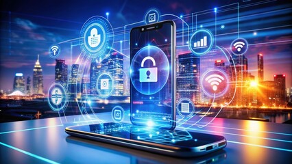 Fototapete - Captivating Double Exposure Photography Blending Metaverse Themes with Encrypted Mobile Data and 5G Connectivity on a Glossy Smartphone for Business and Security Concepts