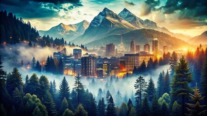 Poster - Captivating Double Exposure Photography with a Navy Background Showcasing Nature and Urban Landscapes in Harmonious Blend of Colors and Textures
