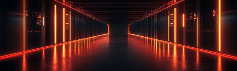 Poster - A futuristic corridor illuminated by vibrant orange lights, highlighting sleek surfaces and a sense of depth and mystery.