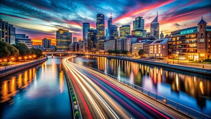 Poster - Captivating Long Exposure Nightscape Capturing Light Trails and City Reflections in a Vibrant Urban Setting, Showcasing the Magic of Light Over Water at Dusk