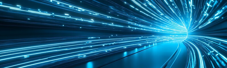 Fototapete - An abstract representation of bright blue light trails, conveying a sense of speed and motion in a futuristic setting.