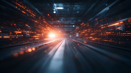 Poster - A dynamic, futuristic scene showcasing bright lights and motion, resembling speed through a tunnel or data stream.