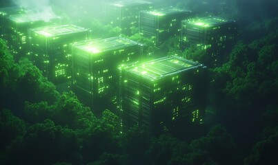 Poster - Aerial view of futuristic green-lit structures blending with lush greenery, creating a mysterious atmosphere.