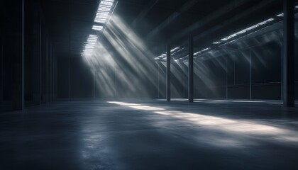 Poster - A dimly lit industrial space with beams of light streaming through windows, casting ethereal patterns on the polished floor.