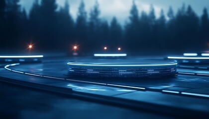 Poster - A futuristic, illuminated platform is surrounded by trees in a misty environment, creating a mysterious and high-tech atmosphere.