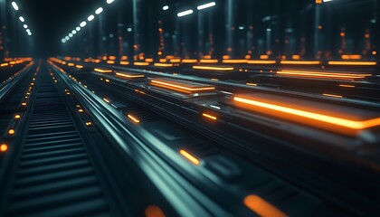 Poster - A futuristic scene featuring glowing orange lines on metallic tracks, set in a dark environment, suggesting advanced technology and energy pathways.