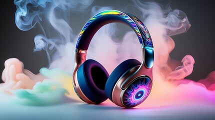 Foggy neon colored stereo headphones blank mockup.Night party ready .exploding in festive colorful splash, dust and smoke with vibrant light effects on loud music, sound pulse and beats.