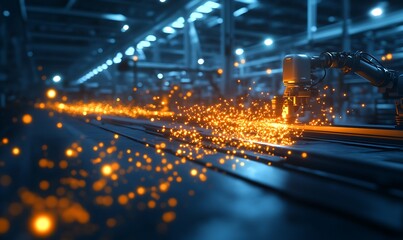 Poster - A futuristic industrial scene featuring a robotic arm emitting bright sparks in a manufacturing setting, showcasing advanced technology and automation.