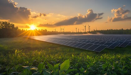 Aufkleber - A serene sunset illuminates a solar panel field, surrounded by lush greenery, showcasing renewable energy's harmony with nature.