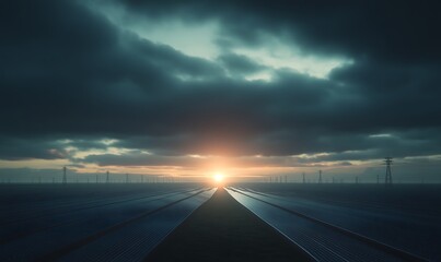 Poster - A serene landscape featuring rows of solar panels under a dramatic sky at sunset, highlighting renewable energy's role in sustainability.