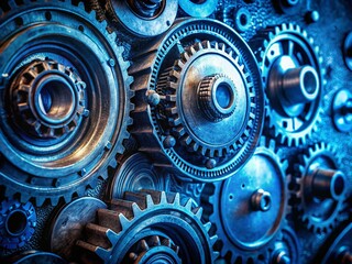 Poster - Closeup of an Intricate Blue Mechanical Component Highlighting Precision Manufacturing Against a Textured Background, Perfect for Engineering and Technology Themes