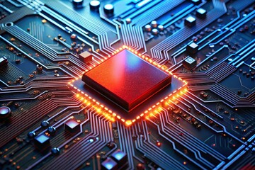 Poster - Closeup of a Red Microprocessor on a Circuit Board with Glowing Connections Showcasing Advanced Technology and Innovation in Electronics and Computing